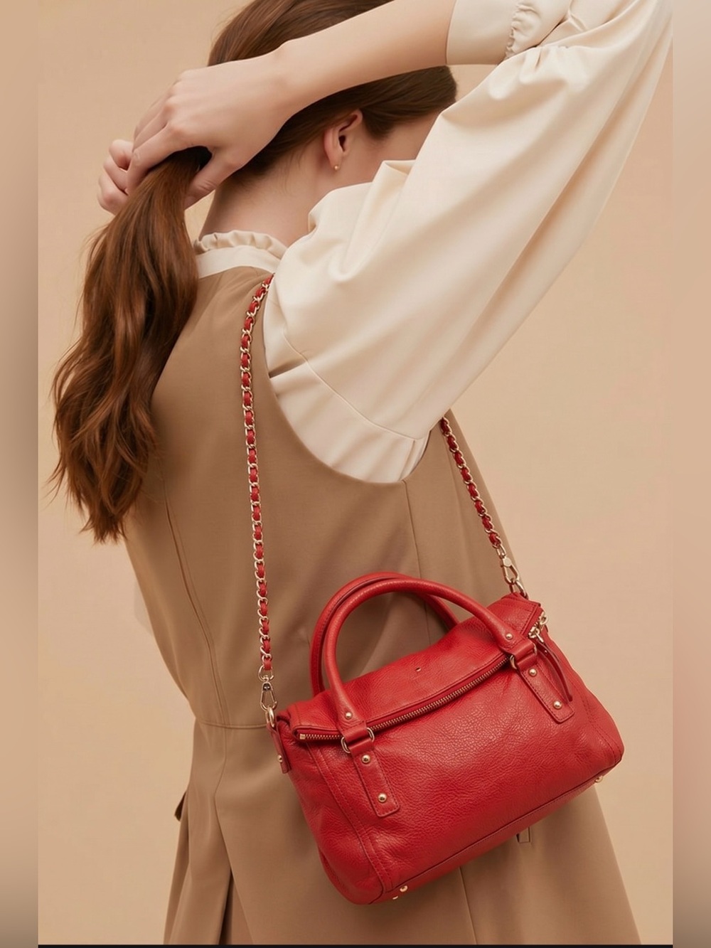 Red Leather Shoulder Bag with Chain Strap - Women's Handbag